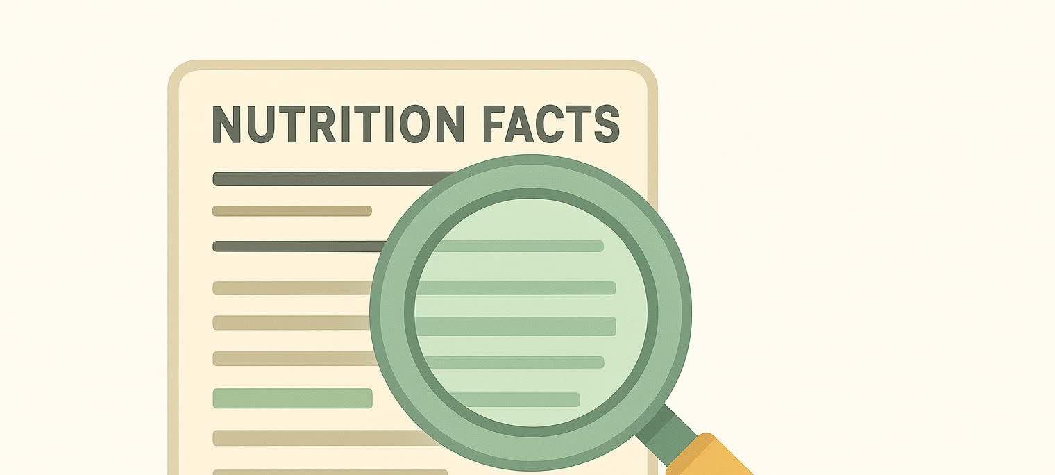 An abstract illustration of a magnifying glass closely examining a stylized nutrition label, with the words 'NUTRITION FACTS' clearly visible at the top.