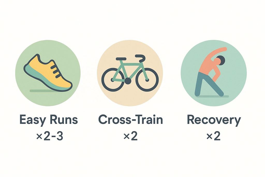 Three icons representing components of an endurance deload. From left to right: a running shoe with text 'Easy Runs x2-3', a bicycle with text 'Cross-Train x2', and a figure stretching with text 'Recovery x2'.