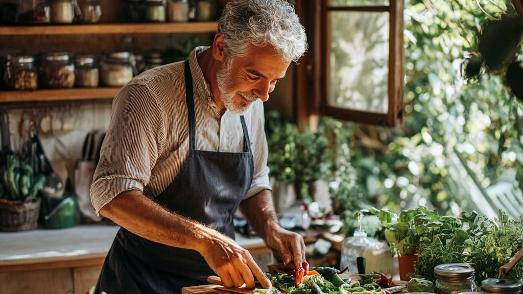 A smiling man wearing an apron chops fresh herbs and vegetables on a cutting board in a sunlit kitchen.