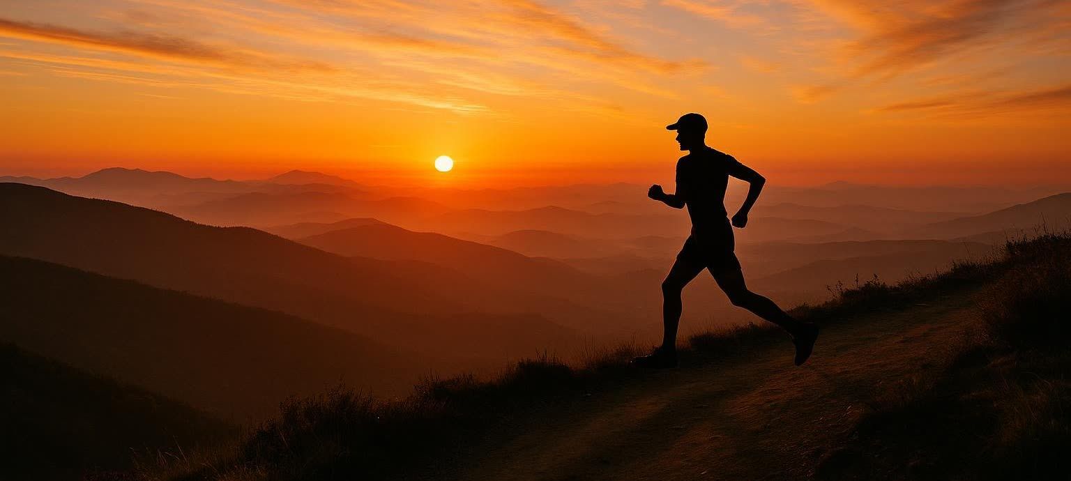 A silhouette of a runner with a cap running uphill on a mountain trail against a vibrant orange and yellow sunrise over distant mountains.