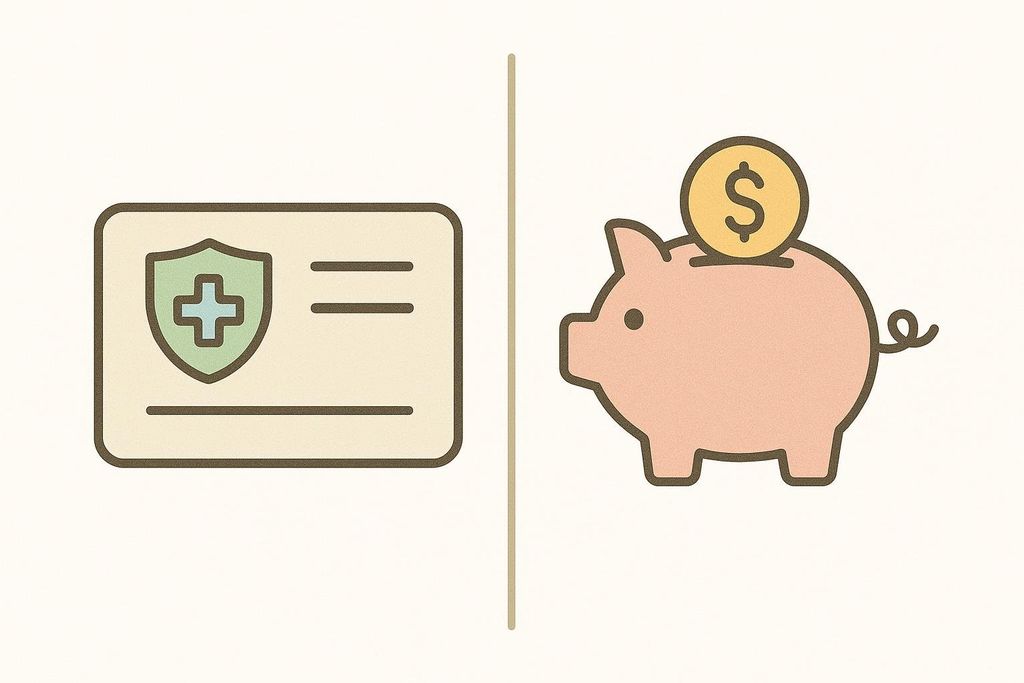 An illustration contrasting a health insurance card for covered diagnostic tests and a piggy bank for cash-pay wellness services.