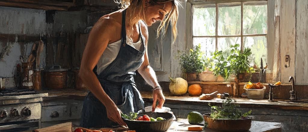 A smiling woman in an apron chops vegetables in a rustic kitchen.