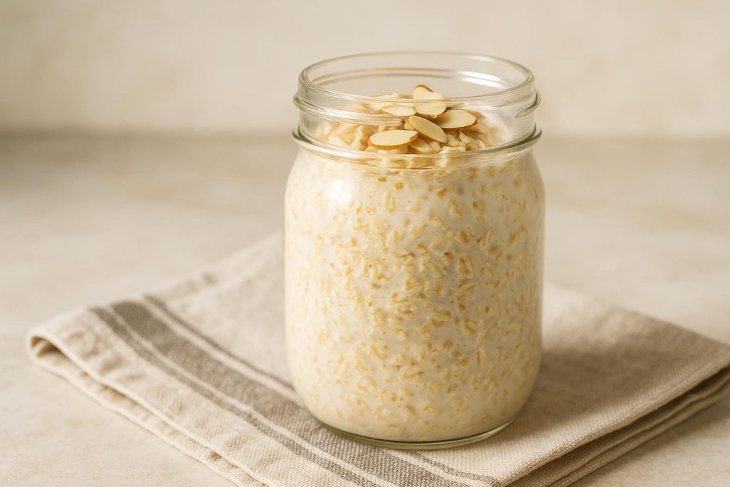 A clear mason jar filled with overnight oats, topped with thinly sliced almonds. The jar sits on a folded beige and grey striped linen cloth.