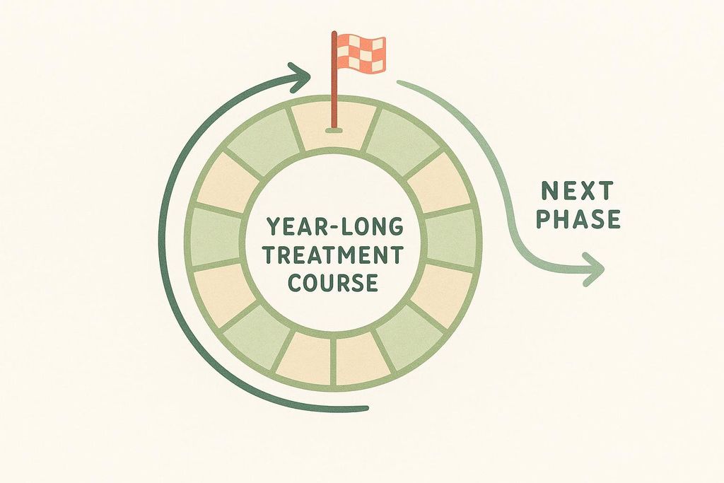 An infographic showing a circular chart representing a year-long treatment course, divided into 12 segments. A checkered flag marks the end of the 12th segment. An arrow curves around the chart, indicating progression, and points to the text 'NEXT PHASE', suggesting a transition after the completion of the year-long course.