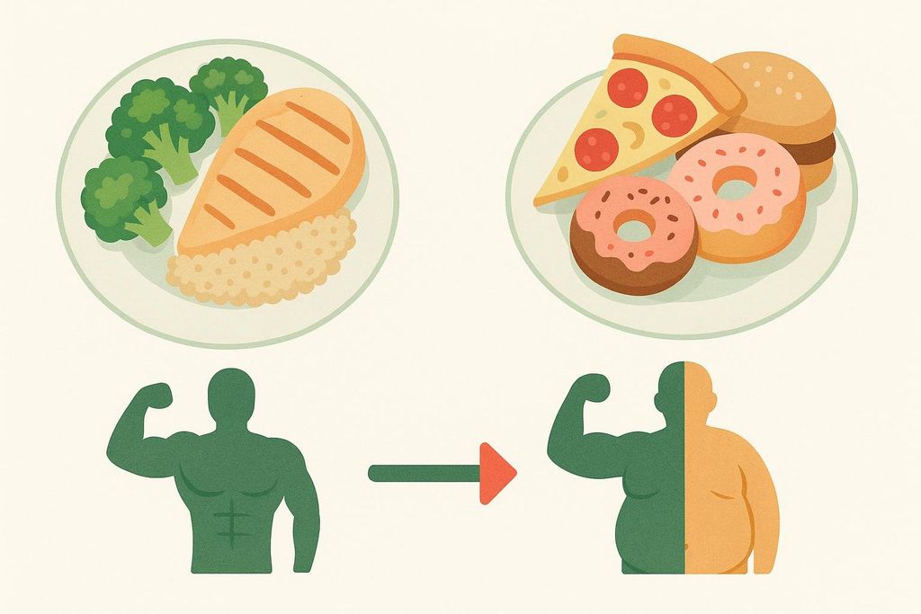 An illustration comparing the outcomes of a 'clean bulk' versus a 'dirty bulk'. A plate with chicken and broccoli leads to a muscular silhouette, while a plate with pizza, burger, and donuts leads to a silhouette that is half muscular and half obese, indicating both muscle and fat gain.