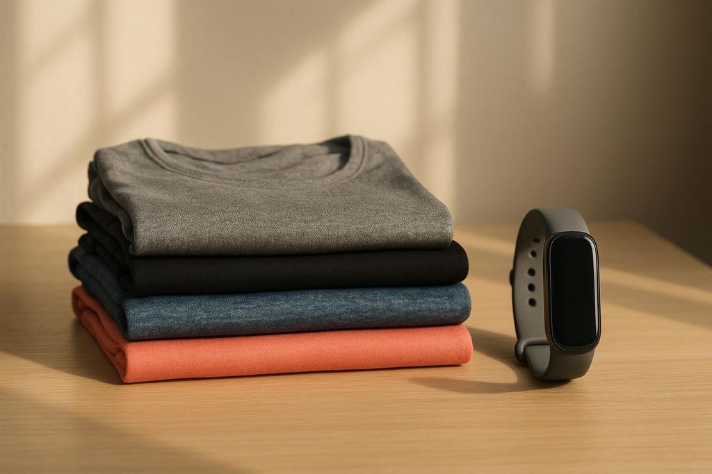 A stack of four folded athletic shirts in grey, black, blue, and orange next to a grey smartwatch on a wooden surface. Sunlight streams across the table, casting shadows.