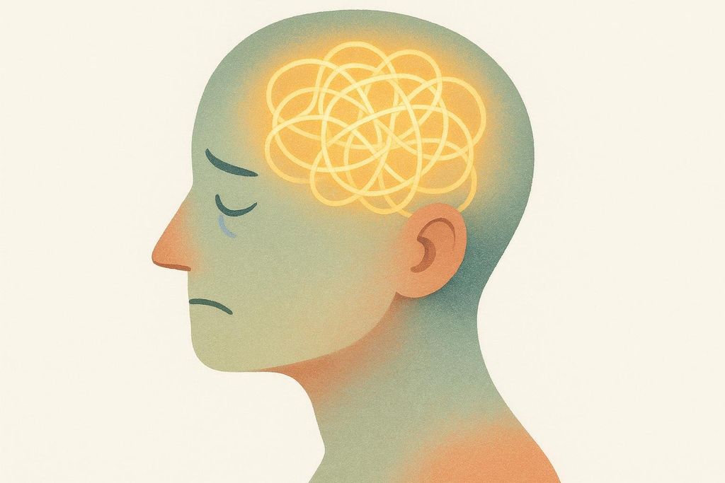 Illustration of a mind full of tangled racing thoughts