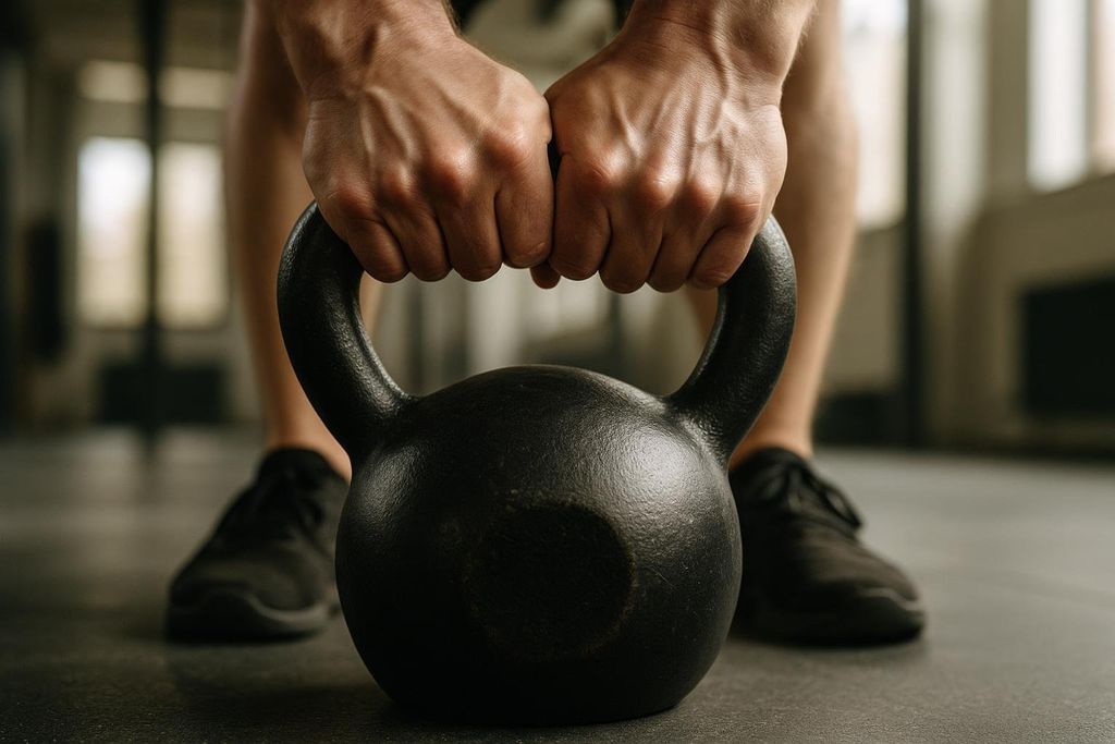 Close-up of a person's hands gripping the handle of a black cast iron kettlebell, with their feet and legs blurred in the background.