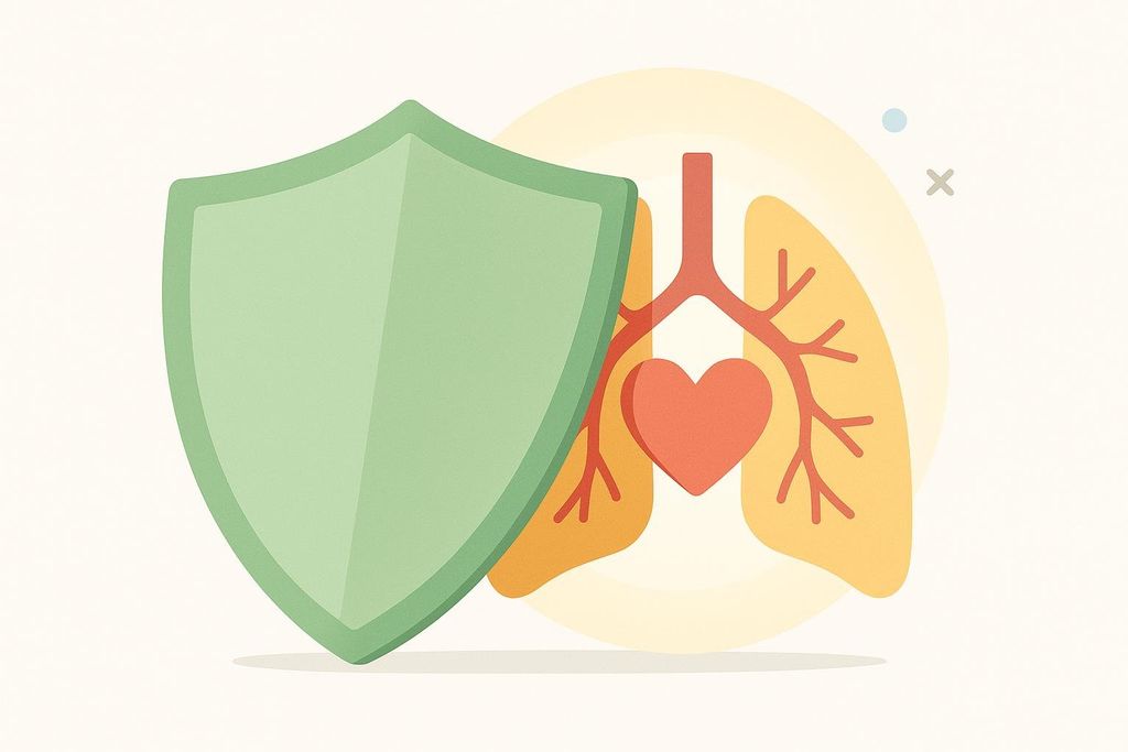 Conceptual illustration showing a green shield positioned in front of abstract human lungs and a heart, symbolizing protection of vital organs. The background is a light cream color with subtle texture and a few small, faint decorative shapes.