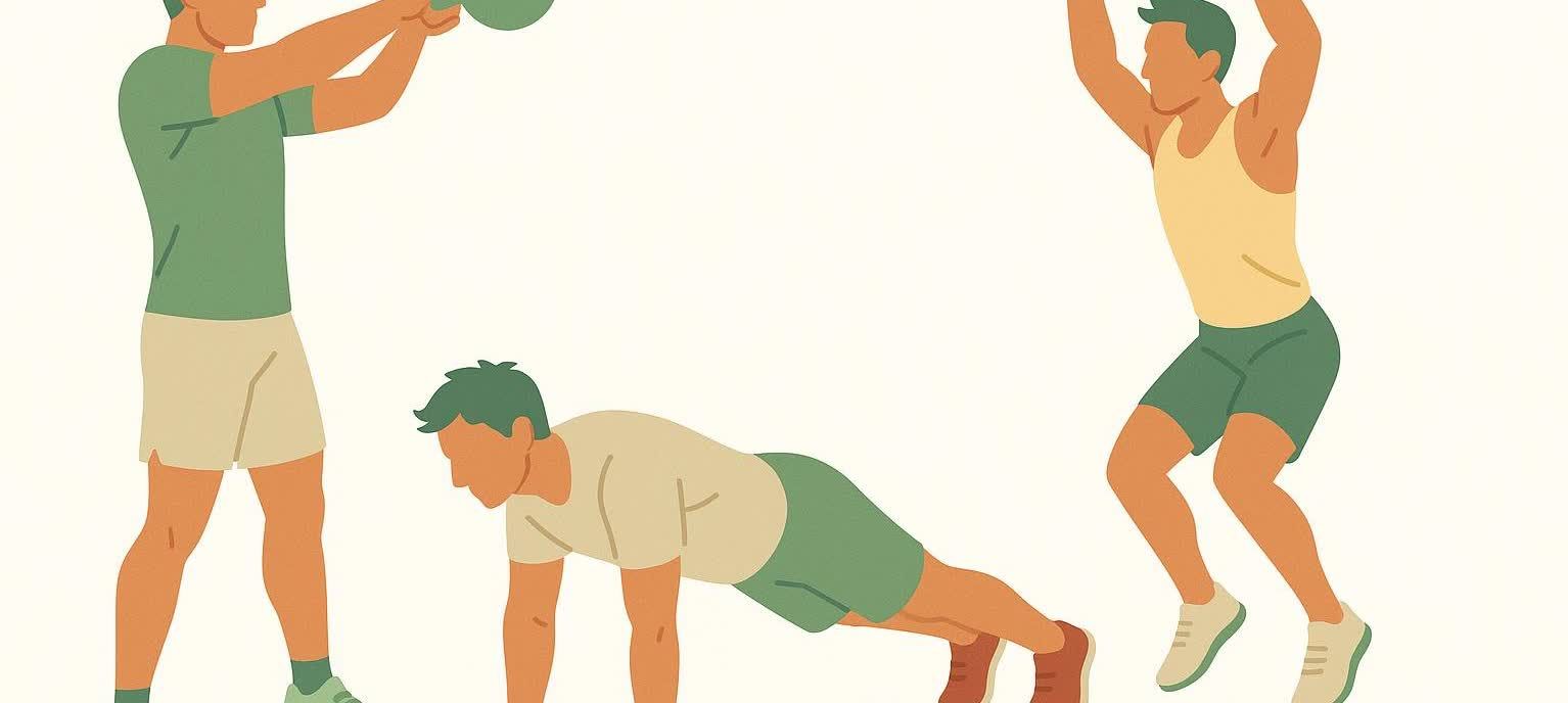 Stylized illustration of three men doing different HIIT exercises, representing the variety in HIIT for men, including one doing an overhead ball slam, one in a plank position, and one doing a jumping jack.