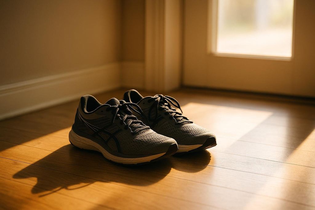 A pair of dark grey running shoes sits on a light wooden floor near a door, illuminated by a warm beam of sunlight from a window. The shadows of the shoes are cast dramatically on the floor.