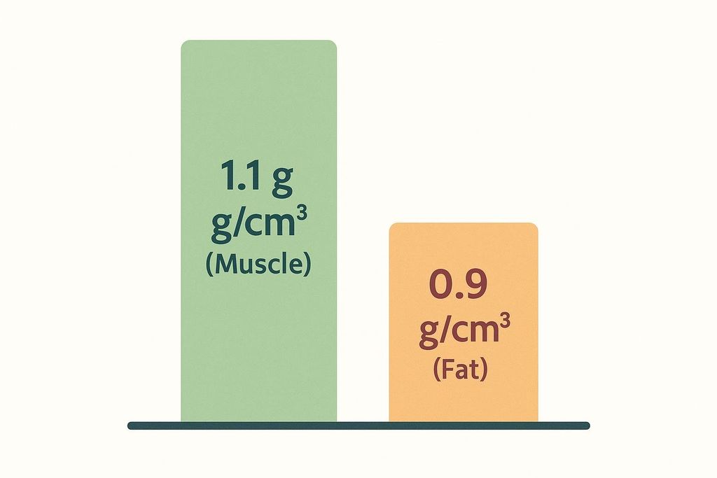 A bar chart illustrating the density of muscle and fat. The green bar for muscle shows 1.1 g/cm³, and the orange bar for fat shows 0.9 g/cm³.