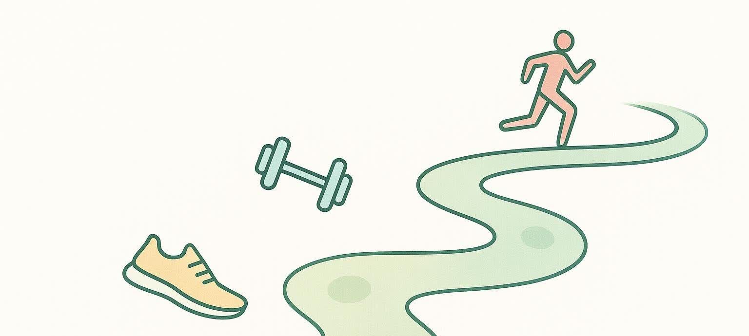 A stylized winding path with milestones, a running person icon, a dumbbell, and a running shoe, representing a fitness journey.