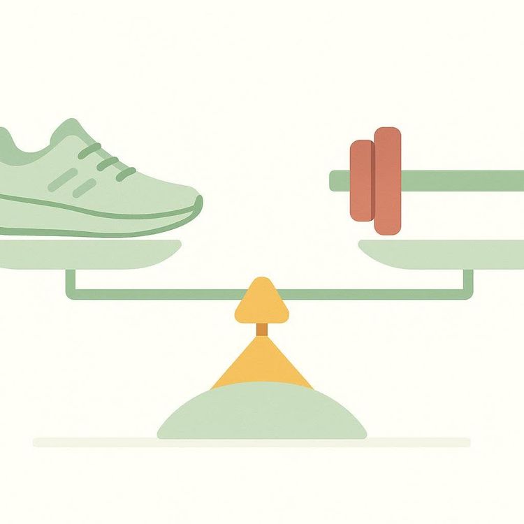 An illustration of a balance scale with a light green running shoe on the left and a rust-colored dumbbell on the right. The shoe side is slightly lower, indicating it outweighs the dumbbell.
