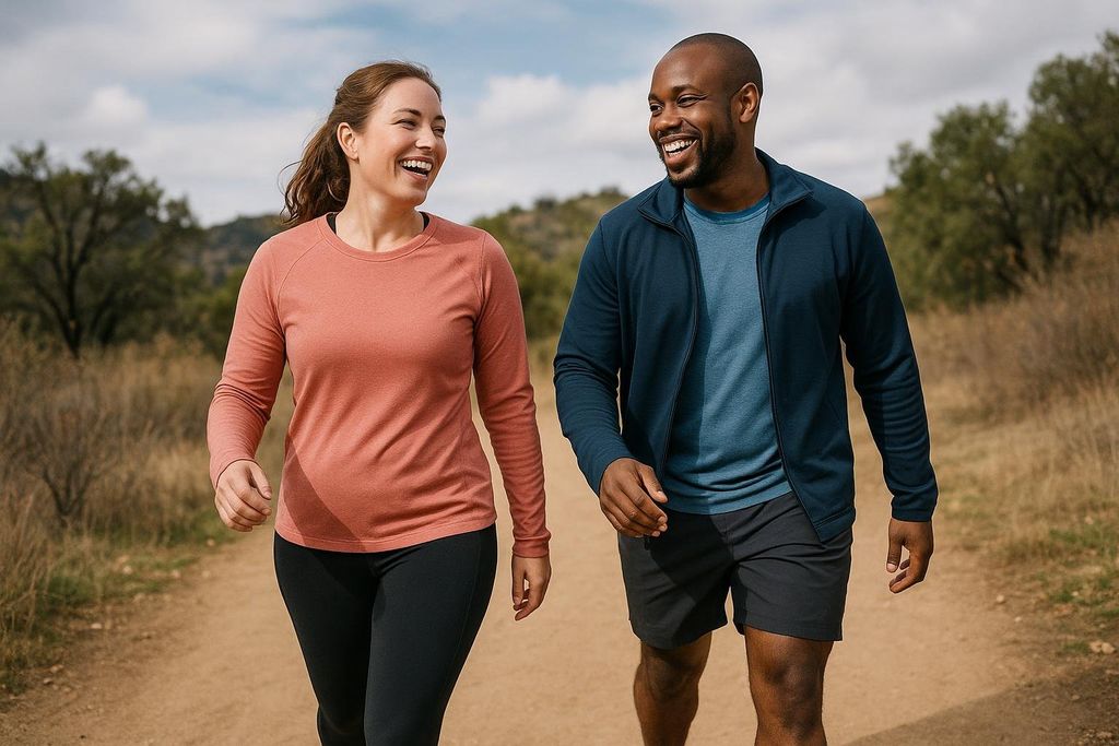 A smiling man and woman walking outdoors on a dirt path in activewear, happily engaged in conversation. The woman wears a long-sleeved salmon-colored shirt and black leggings, and the man wears a blue t-shirt underneath a blue zip-up jacket and black shorts. They appear to be in a natural setting with dry grass and trees in the background under a partly cloudy sky.