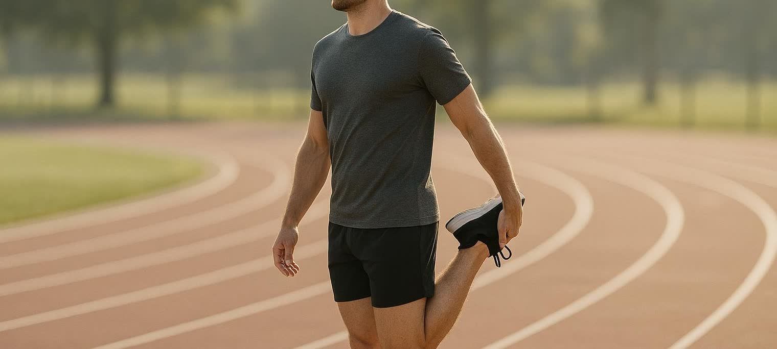 A male runner wearing a dark grey t-shirt and black shorts performs a standing quad stretch on an outdoor track. He is holding his left foot with his left hand, pulling his heel towards his glutes. The track has light brown lanes, and a blurry green and tree-lined background suggests an outdoor setting.