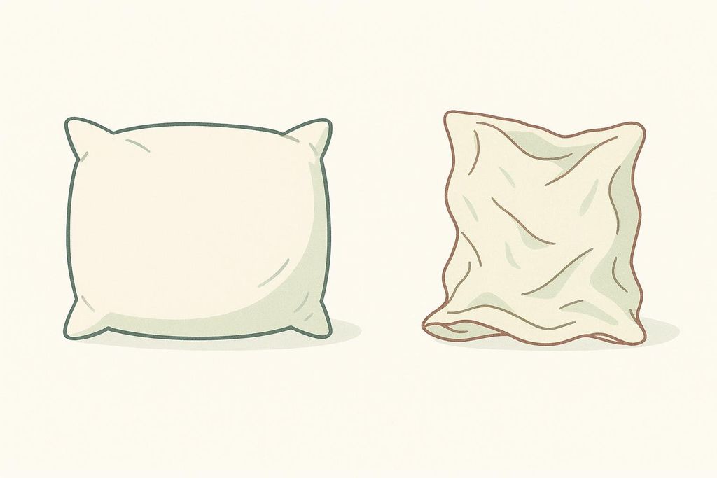 Illustration showing a full, plump pillow on the left and a deflated, wrinkled pillowcase on the right. This serves as an analogy for facial fat loss where a full face becomes gaunt.