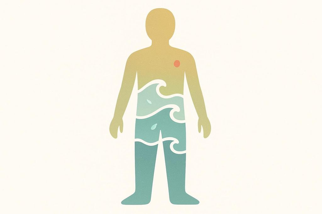 An illustration of a human silhouette with water stylized as waves filling the lower torso and legs, and a small red dot near the top of the chest on the left side.