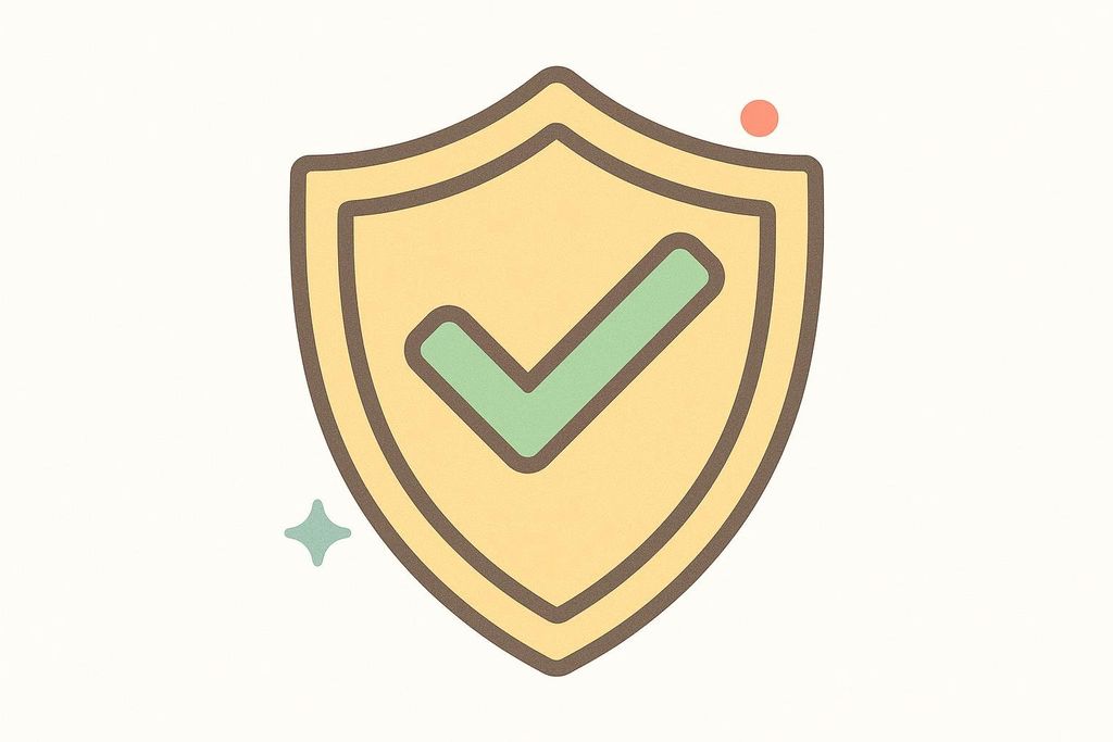 A shield icon with a prominent checkmark in the center, symbolizing protection, security, verification, or quality assurance. There's a subtle red dot near the top right and a small four-pointed star near the bottom left, adding minor decorative elements.