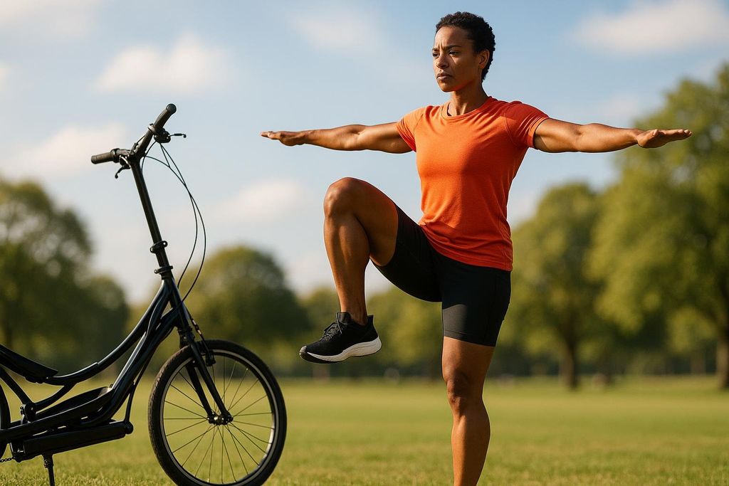 A woman in an orange shirt and black shorts stands on one leg with arms outstretched, performing a balance exercise outdoors next to an elliptical bike. The setting is a grassy park with trees and a blue sky.