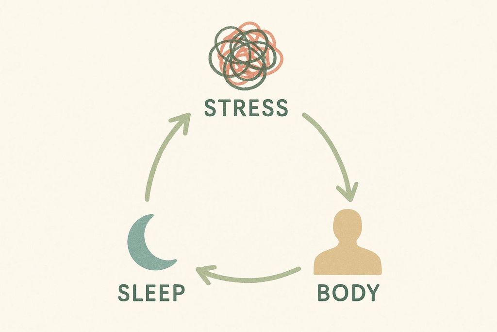 A minimalist cycle diagram illustrating the relationship between stress, body, and sleep. An icon of tangled lines labeled 'STRESS' points to a human silhouette labeled 'BODY', which points to a crescent moon labeled 'SLEEP', which in turn points back to 'STRESS'. Arrows indicate the cyclical nature of these elements.