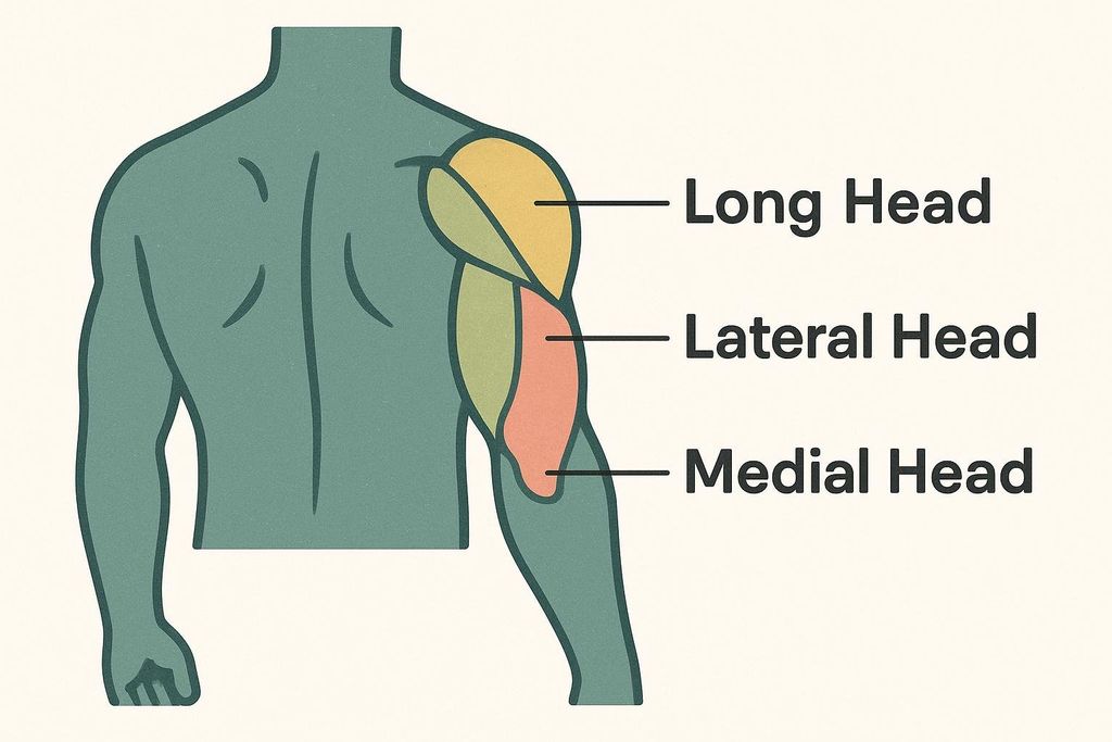 A simplified diagram illustrating the three heads of the triceps muscle on the back of a human arm. The long head is shown in yellow, the lateral head in light green, and the medial head in light orange. Each head is labeled with its respective name.