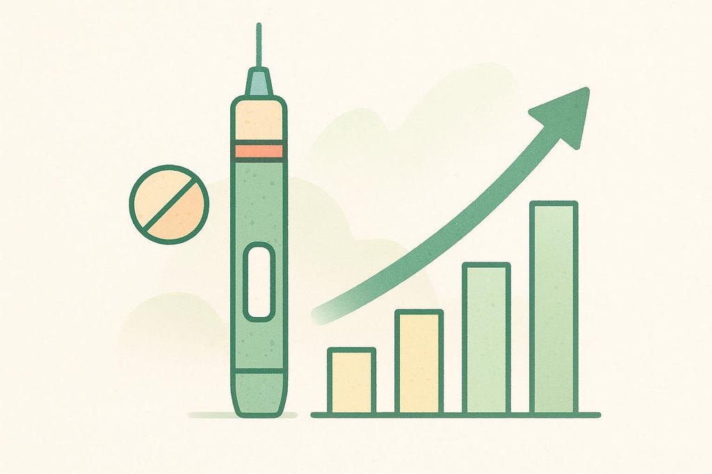 An illustration showing an injection pen and a pill (with a line through it, possibly indicating not using a certain type of pill or the absence of a pill), next to a bar graph with an upward arrow suggesting positive health outcomes or increased efficacy.