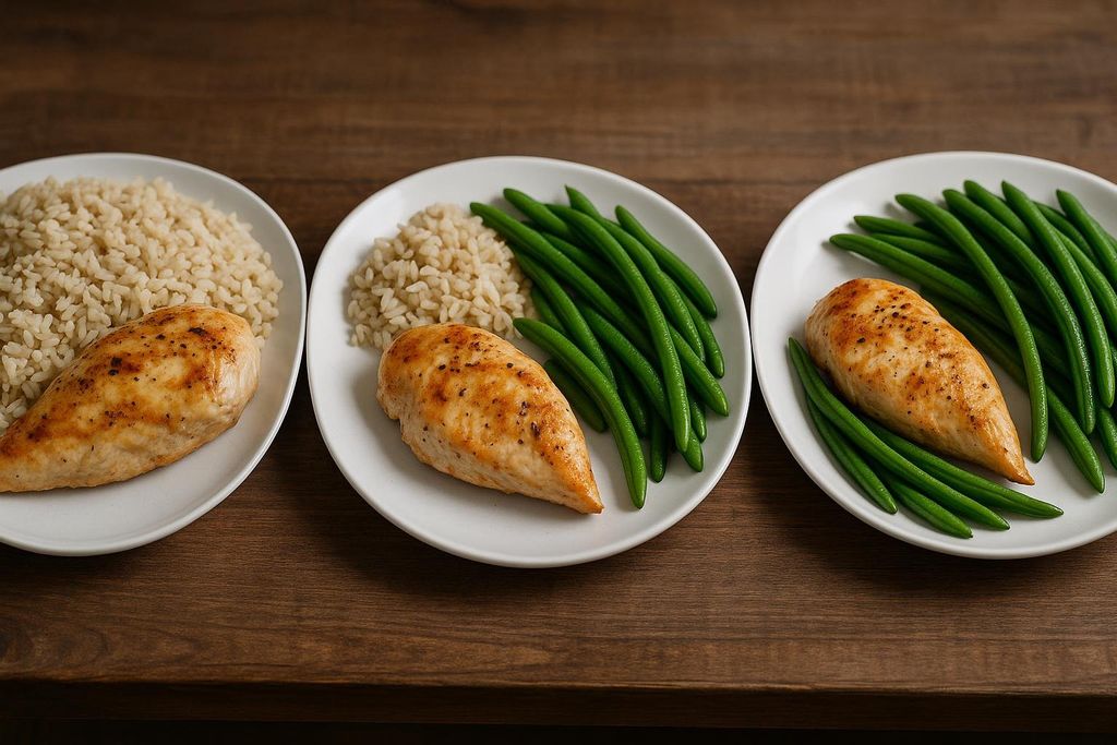 Three white plates on a wooden table, each with a cooked chicken breast. The leftmost plate has a large portion of brown rice and a chicken breast. The middle plate has a small portion of brown rice, a large serving of green beans, and a chicken breast. The rightmost plate has only green beans and a chicken breast, demonstrating varying carbohydrate portion sizes.