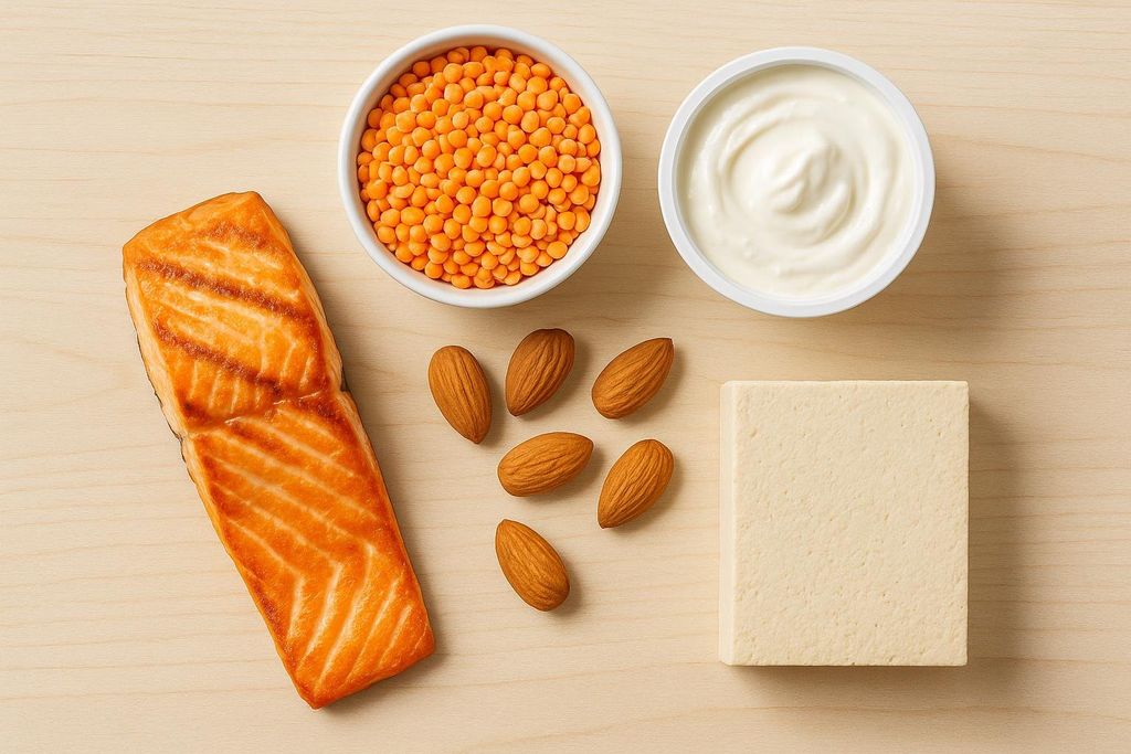 A flat lay photograph on a light wooden background showing various high-protein foods: a cooked salmon fillet, a bowl of orange lentils, a bowl of white Greek yogurt, a block of tofu, and five almonds scattered between them.