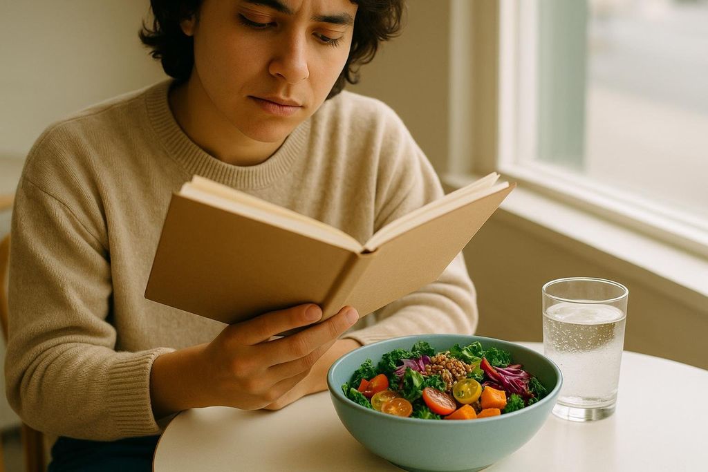 A person with short, dark curly hair and a neutral-colored sweater intently reading a brown book. On the white table in front of them is a light blue bowl filled with a colorful salad and a glass of water. A window is visible in the background.