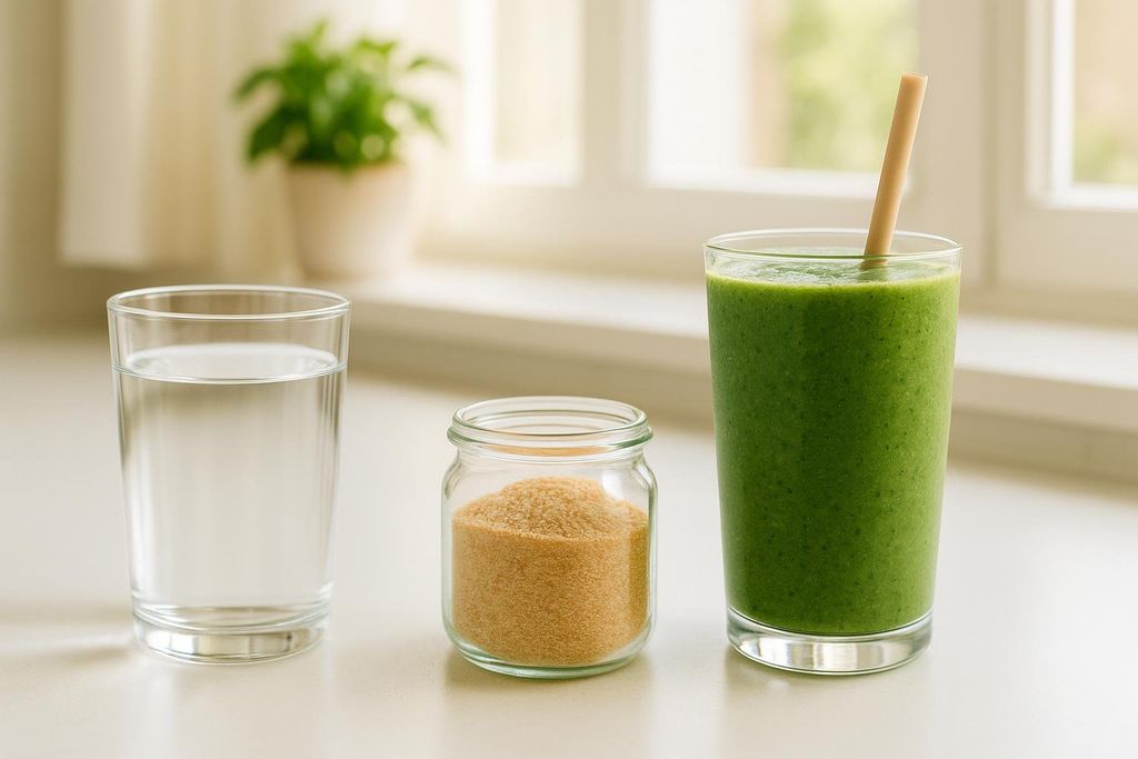 A glass of water, a small jar of psyllium powder, and a green smoothie with a straw sit on a counter in front of a window, representing a healthy daily routine.