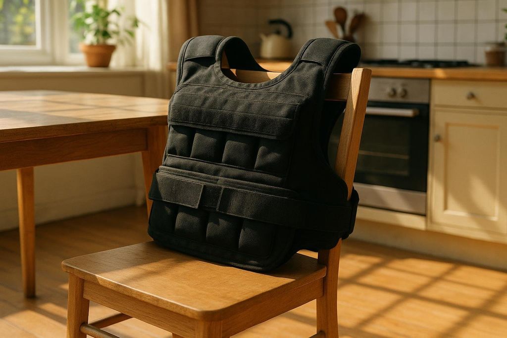 A black weighted vest hangs on the back of a wooden kitchen chair. In the background, a dining table and kitchen counter with a stove are visible, illuminated by natural light from a window.