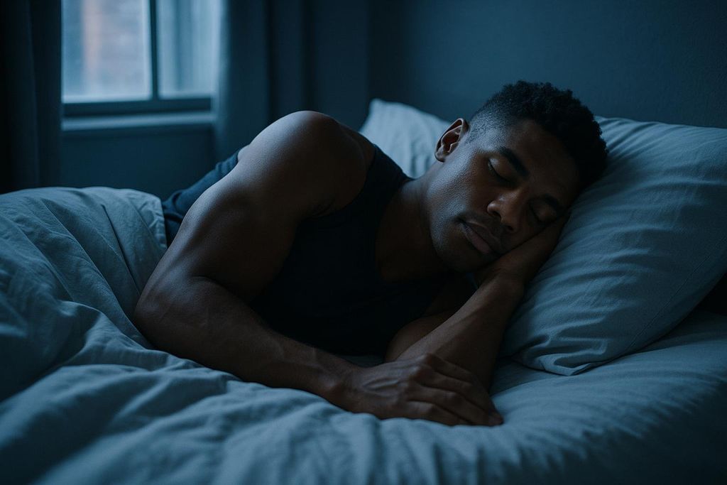 A man with dark skin, wearing a dark tank top, is shown sleeping peacefully on his side in a dimly lit room. His head rests on a light blue pillow, and he is covered by a light blue sheet. A window can be vaguely seen in the background.