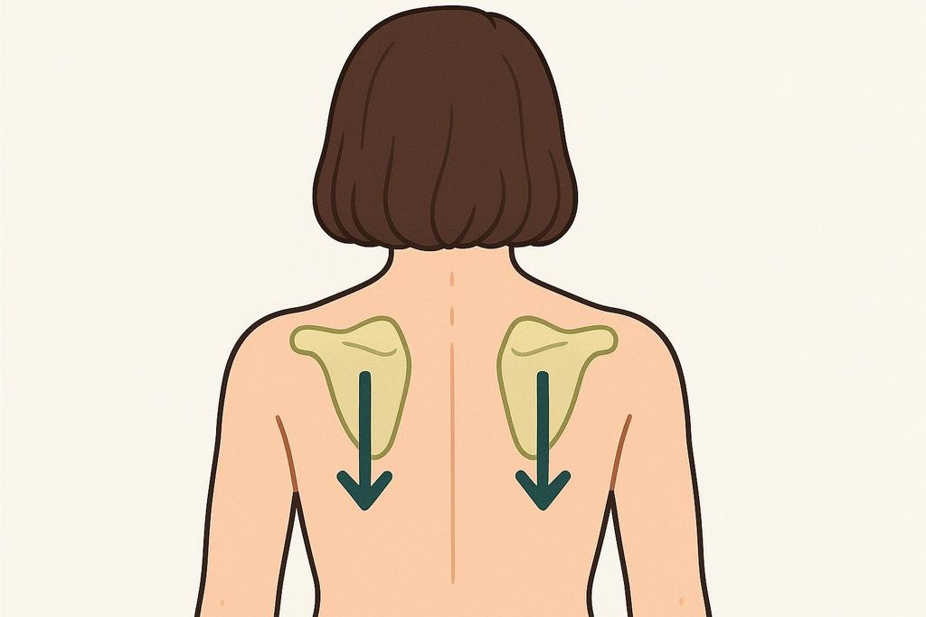A simplified diagram showing the back of a person with the scapulae highlighted. Green arrows indicate a downward movement of the shoulder blades, illustrating the 'down and back' motion for scapular setting.