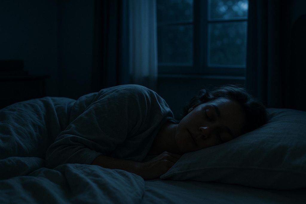 A person sleeping peacefully, curled on their side on a bed in a darkened room, highlighting the crucial role of adequate sleep in managing cravings and energy levels.