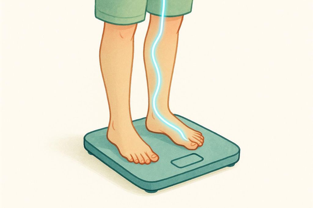 An illustration showing a person's legs and feet standing on a teal smart scale, with a bright blue wavy line representing a BIA current traveling up one leg, across the torso (implied), and down the other leg.