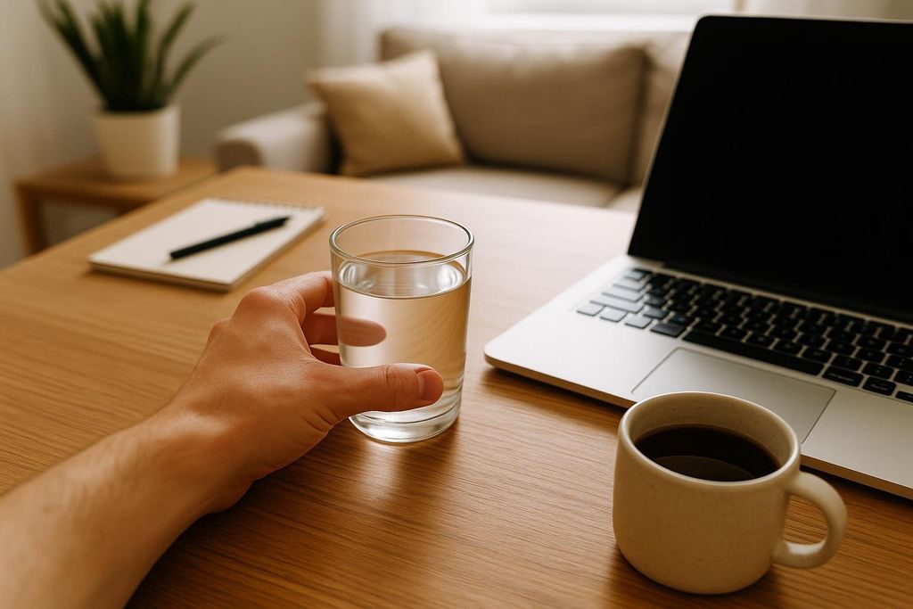 A person's hand holding a glass of water on a wooden desk. A laptop, a cup of coffee, and a notepad with a pen are also visible on the desk, with a blurred living room in the background.