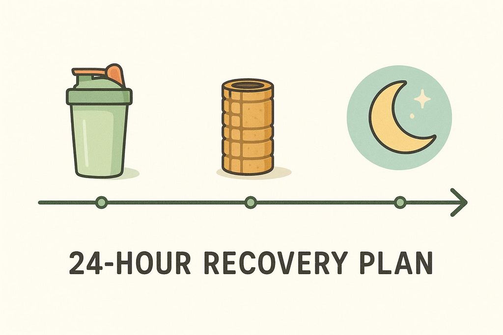 An infographic timeline showing a 24-hour recovery plan with icons for post-session nutrition (a shaker bottle), soft-tissue work (a foam roller), and sleep (a moon and stars).