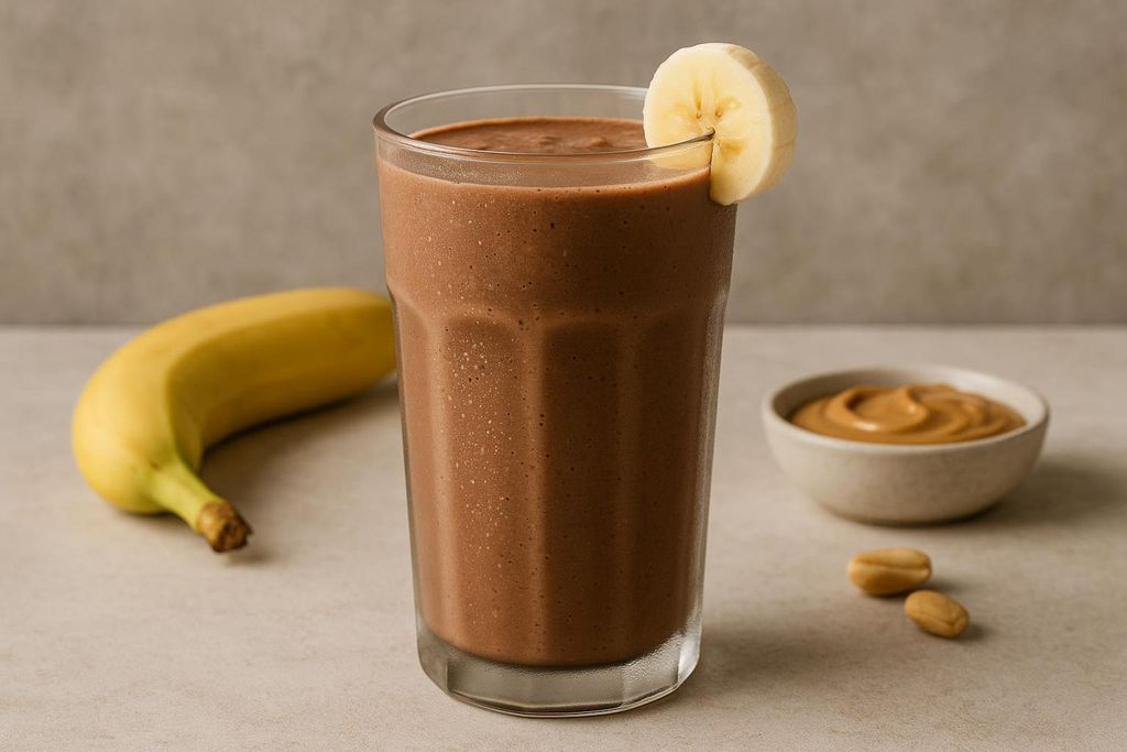 A tall glass of chocolate peanut butter smoothie garnished with a banana slice. A whole banana, a bowl of peanut butter, and a few peanuts are visible in the background.