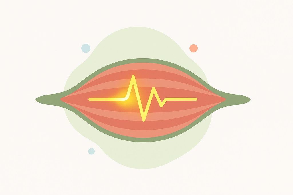 An illustration depicting an electrical pulse, represented by a bright yellow wavy line, passing through a muscle fiber. The muscle fiber is shown in shades of orange and red, encapsulated by a green outline, set against a light cream background with subtle light green organic shapes and small blue and orange dots.