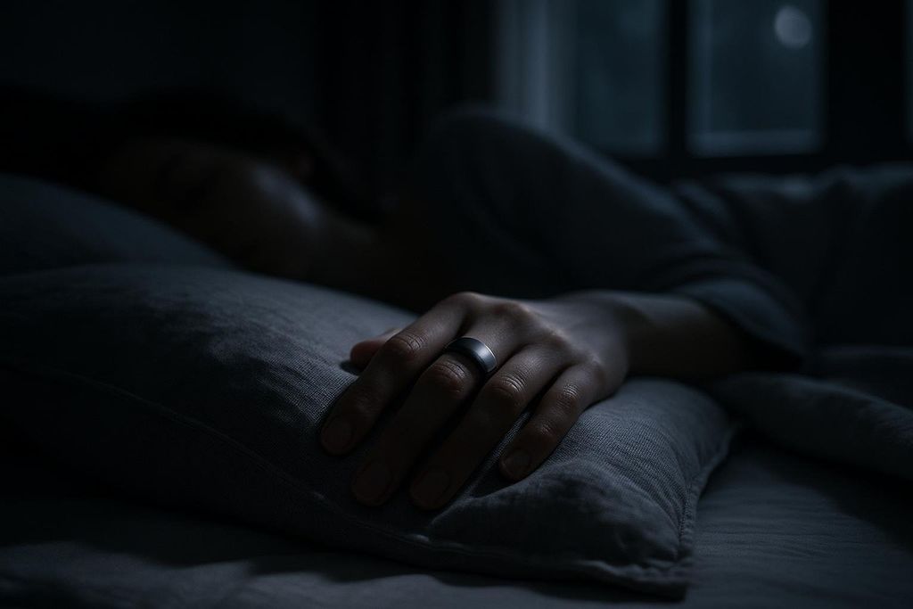 A person's hand, wearing a dark-colored smart ring on their ring finger, rests on a grey pillow. The scene is dimly lit, suggesting a nighttime or sleeping environment. The person's head is visible, partially obscured in the background.