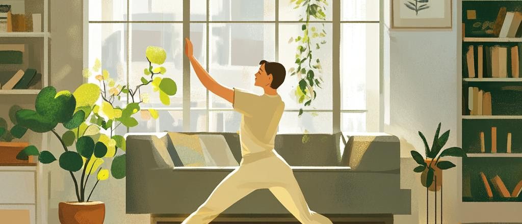 An illustration of a person in a peaceful, sunny room doing a yoga or tai chi pose with their arms raised, surrounded by plants and a bookshelf.