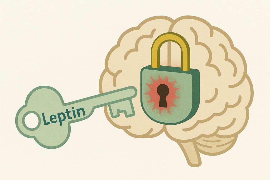 A stylized illustration showing a green key labeled 'Leptin' trying to fit into a keyhole of a green padlock on a human brain. The key does not fit, and an orange burst surrounds the keyhole, visually representing the concept of leptin resistance in the brain.