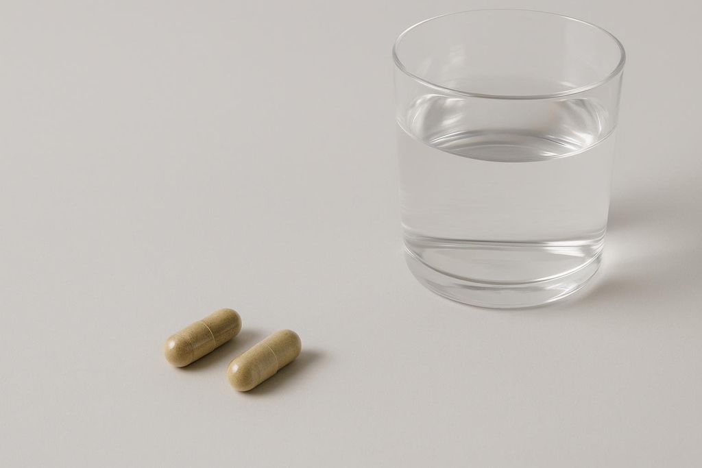 Two lightly colored supplement capsules lie on a light gray surface next to a glass filled with water. The capsules are elongated and appear to be made of a plant-based material.