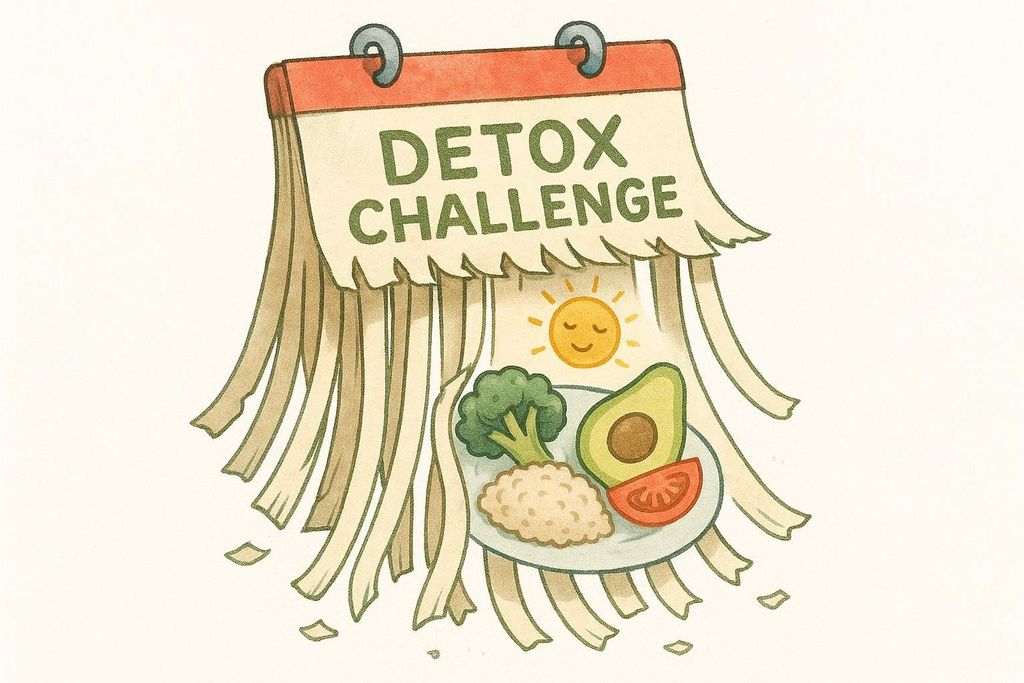 Illustration of a shredded 'detox challenge' calendar, with strips of paper hanging down, symbolizing the rejection of diet culture. Below the calendar is a plate with healthy foods like broccoli, cauliflower, avocado, and a tomato slice, along with a smiling sun icon.