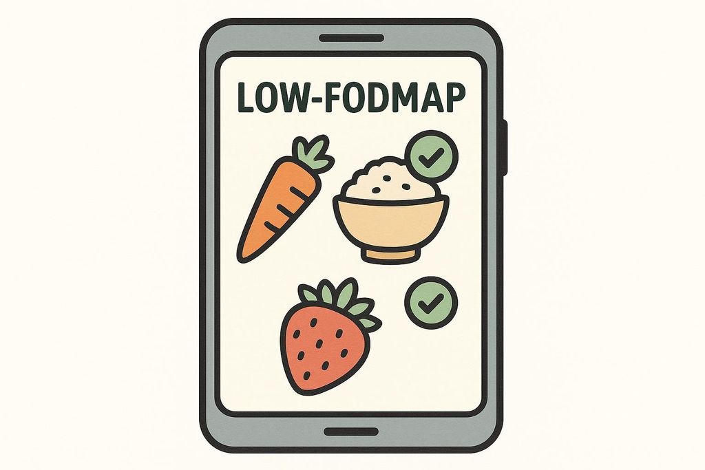 Stylized smartphone screen showing Low-FODMAP food icons with check marks.