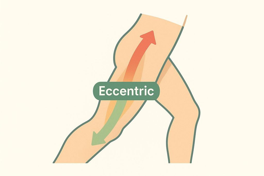 An illustration showing the human leg from the hip to the knee, with arrows indicating the eccentric action of the hamstring muscle. A red arrow points up from the hip, and a green arrow points down towards the knee. The word 'Eccentric' is highlighted in a green box.