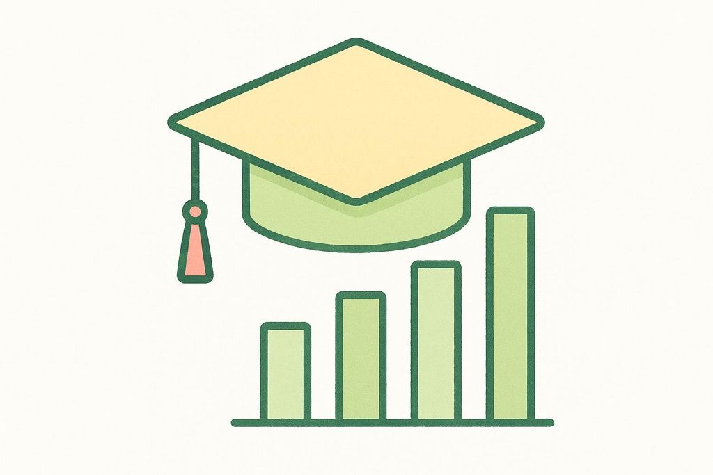 An illustration of a graduation cap and an ascending bar chart, symbolizing the relationship between education and socioeconomic factors.