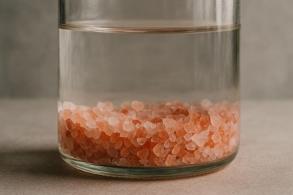 Undissolved pink granular salt accumulating at the bottom of a clear glass jar filled with water, against a neutral background.