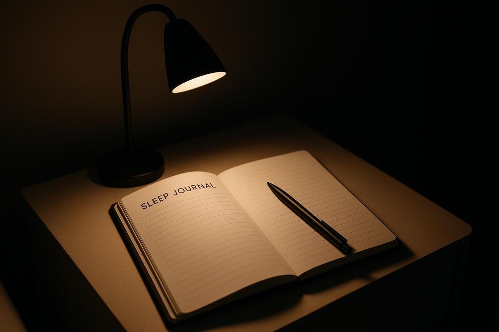 An open notebook labeled 'SLEEP JOURNAL' with a pen resting on its pages, illuminated by a small black desk lamp on a nightstand in a dark room.
